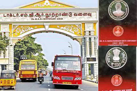 The controversial MGR centenary arch on Kamaraj Salai; The Rs 100 and Rs 5 coins released by the government