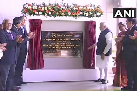 Prime Minister Narendra Modi inaugurates Larsen and Toubro Armoured Systems Complex in Hazira.