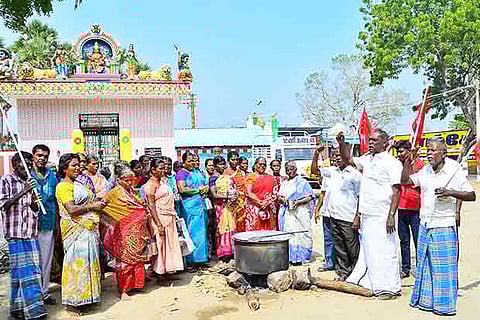 Workers take part in the protest near Sattur in Virudhunagar district on Saturday. (Photo: G Vairavaraja)