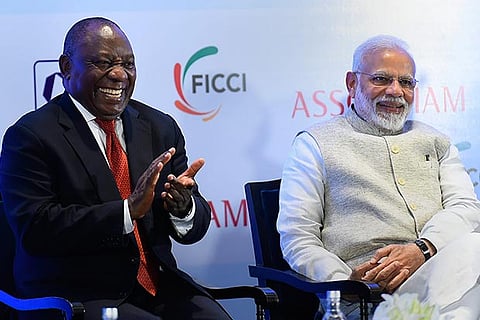 PM Modi and South African President Cyril Ramaphosa during an India-South Africa Business Forum meet