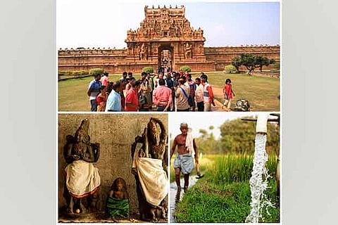 Clockwise: Arrival at a temple; farm visit, statues at the Kadambur temple
