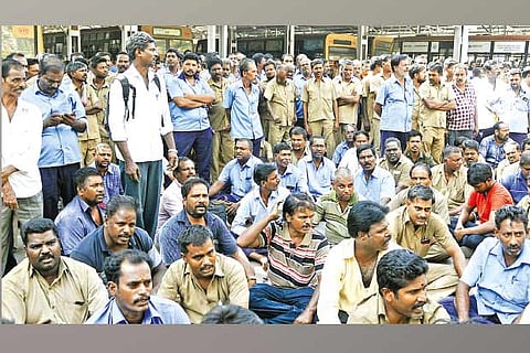 The striking employees of the MTC in Chennai on Monday