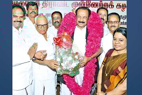MDMK leader being congratulated by his party leaders after being selected as the Rajya Sabha candidate