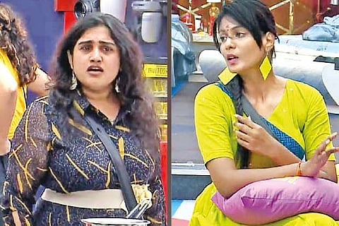 Vanitha Vijayakumar (left) and Meera Mithun on the Bigg Boss set