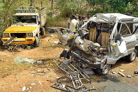 The mangled remains of the vehicles involved in the collision on Pollachi-Udumalpet Road on Tuesday