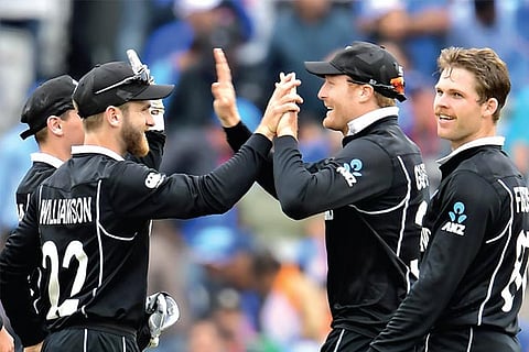 New Zealand players celebrate Dhoni?s dismissal