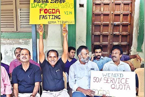 Government doctors sitting on a protest at Rajiv Gandhi Government General Hospital in Chennai on Monday