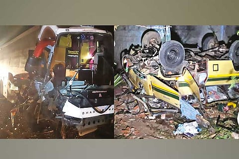 Mangled remains of the bus in Kallakurichi (Left) and van in Thoothukudi (Right) on Thursday