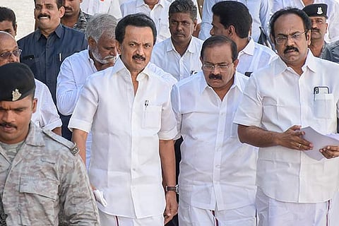 DMK president MK Stalin with party MLAs at the secretariat on Saturday