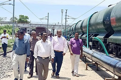 TWAD JMD Nirmal Raj inspecting water loading at the Jolarpet railway yard on Wednesday
