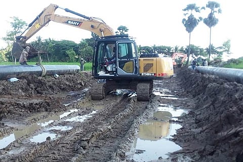Pipe laying works under progress in Sirkazhi, Nagapattinam on Wednesday
