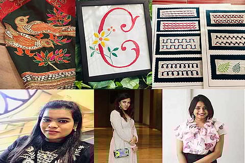 (L-R) Embroidery work on by Nazia Syed; monogram embroidery designs by Christina Ranjan; Nazia; Shilpa