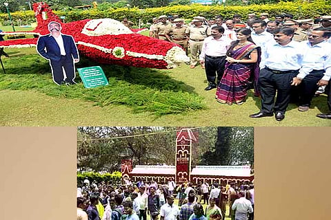 N Subbaiyan and Collector Rohini look at the floral model of MIG 21 aircraft. MGR Central Railway Station