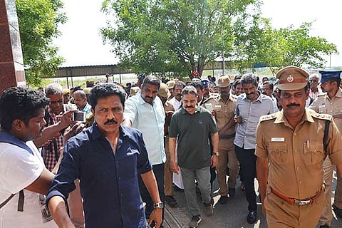 MNM chief Kamal Haasan leaves the court premises in Karur on Saturday