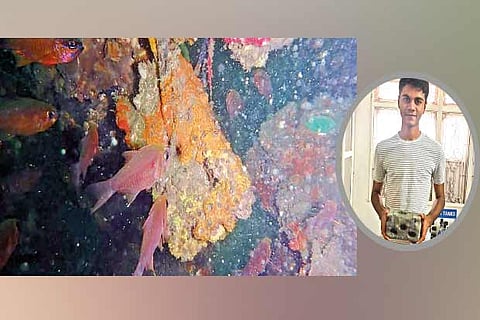 The artificial reef placed on the sea bed off Puducherry in October last year; Siddharth with his reef