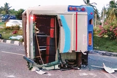 The bus which was involved in the mishap, during the early hours of Monday near Hosur in Krishnagiri district