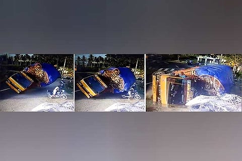 Series of footage showing the lorry overturning and falling on a rider at Punjai Puliampatty in Erode district