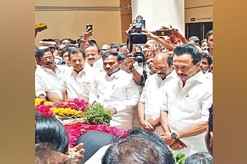DMK president MK Stalin and senior party leaders pay their respects to Vikravandi MLA K Radhamani on Thursday