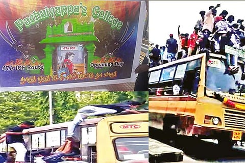 Students standing atop an MTC bus; A banner made by one of the groups shows a college student with weapons