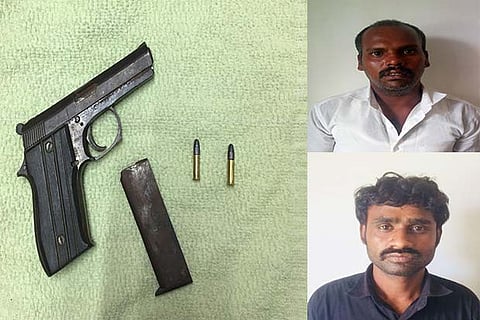 (clockwise from left) A pistol, magazine and bullets seized from the history-sheeter; Ramesh and Alexander