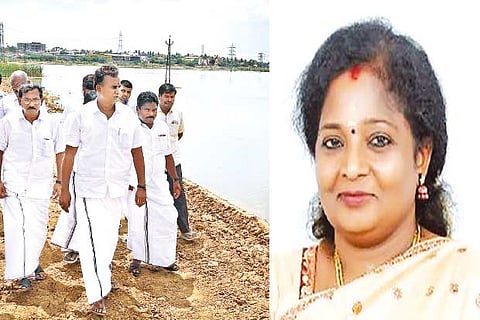 Ministers Velumani, Benjamin and Pandiarajan inspect the Retteri Lake on Tuesday; Tamilisai