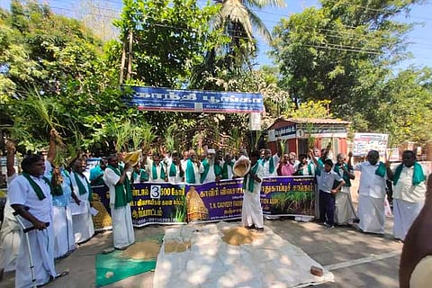 Farmers spilling paddy on the ground at Kumbakonam in Thanjavur district on Thursday