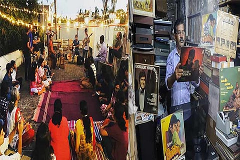 L to R: At a Motta Maadi Music gathering; Decades-old records at Rhythm in Moore Market