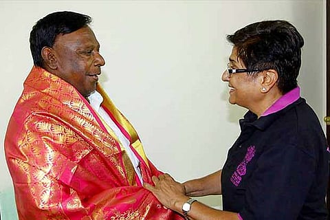 Puducherry Lieutenant Governor Kiran Bedi with Chief Minister V Narayanasamy (file photo)