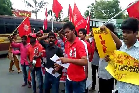 Members of the Revolutionary Students? Youth Front (RSYF) raise slogans against draft NEP, on Friday