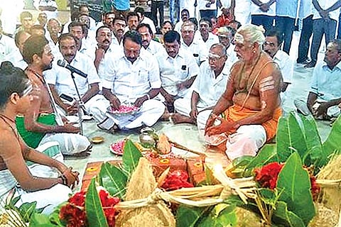 School Education Minister KA Sengottaiyan takes part in a special prayer held in Erode on Saturday