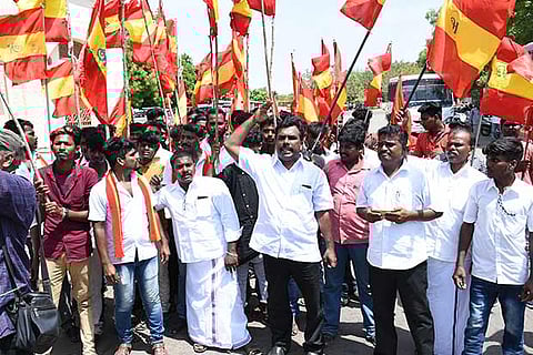The protesters outside the Thanjavur Railway station on Tuesday