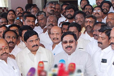 AMMK general secretary TTV Dhinakaran addressing reporters in Madurai on Saturday