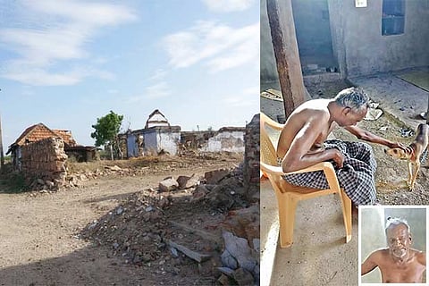Remains of the village in Thoothukudi, (R) Kandasamy (inset) pets Rani