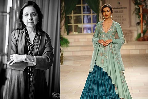 Anju Modi; a model wearing her design (R)