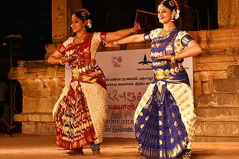 Bharatanayam dancers performing on the first day of seven day Brahan Natyanjali in Thanjavur Big Temple