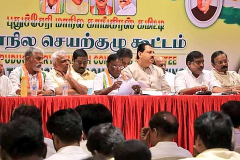 Puducherry CM and other Congress leaders during the event on Wednesday
