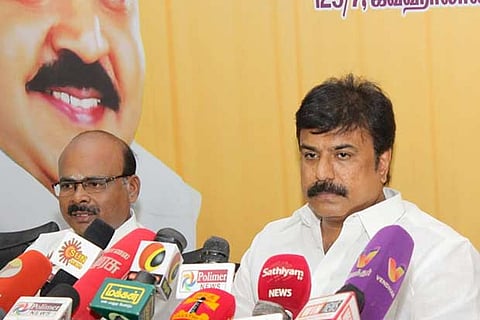 DMDK deputy secretary LK Sudhish at a press meet in the party office in Chennai on Thursday