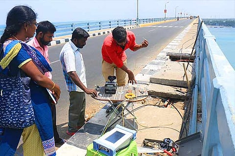 Technical experts are involved in restoration works on Pamban road bridge, on Wednesday