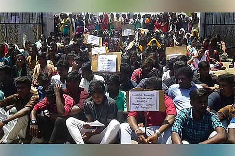 College students stage a protest seeking action against the accused in the sexual abuse case