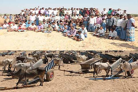 The owners of bullock carts went on fast on Monday.They tethered their carts on the banks of Palar river
