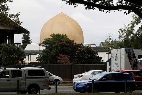 A police vehicle is seen outside Masjid Al Noor mosque after Friday's mosque attacks in Christchurch