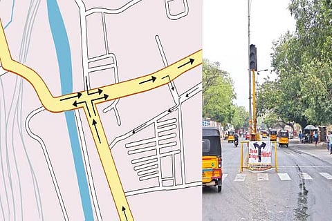 (Left) The new route map with the traffic diversions; (right) The traffic diversion sign placed