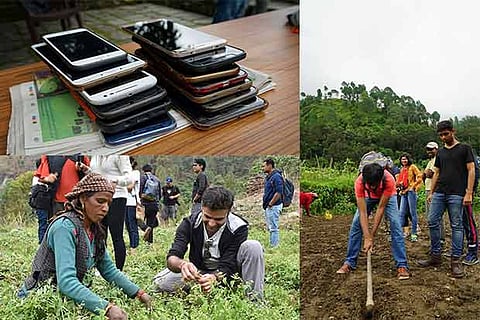 Phone submission at the retreat; Travellers taking up farming during a digital detox trip