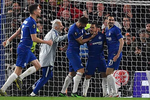 Eden Hazard (second from right) scored the winning penalty for Chelsea