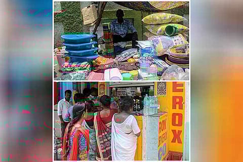 (T) A vendor selling utensils on the pavement before RGGGH; (B) A stationery and photocopy shop to facilitate
