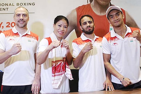 Performance Director Santiago Nieva and boxers Mary Kom, Amit Panghal and Shiva Thapa