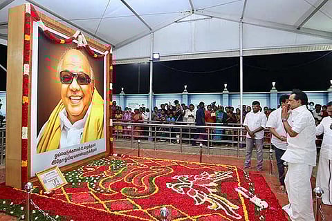 DMK president MK Stalin pays his respects at the memorial of party patriarch M Karunanidhi on Tuesday