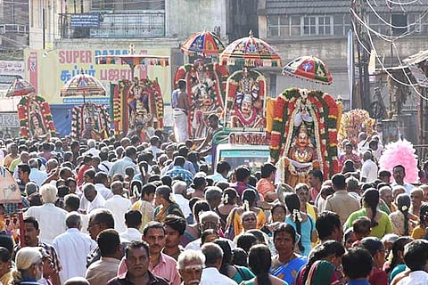 The deities on a procession in Thanjavur in view of Garuda sevai