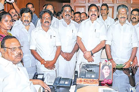 Newly elected AIADMK MLAs with Chief Minister, Dy CM OPS, Speaker Dhanapal and Ministers at the Secretariat