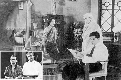 A scene from one of Raja Sandow?s movies; (inset) Raja Sandow with Thyagaraja Bhagavathar